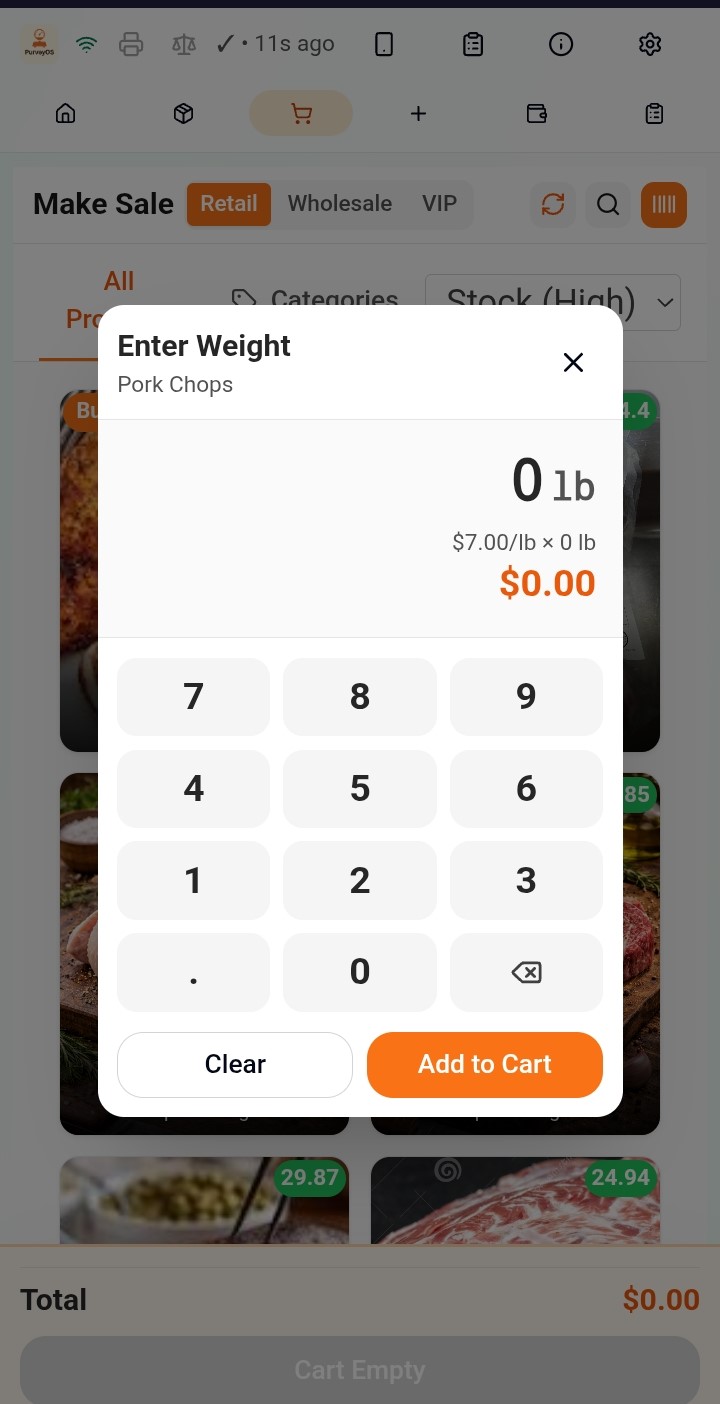 PurveyOS custom weight entry workflow for bulk meat inventory at checkout.