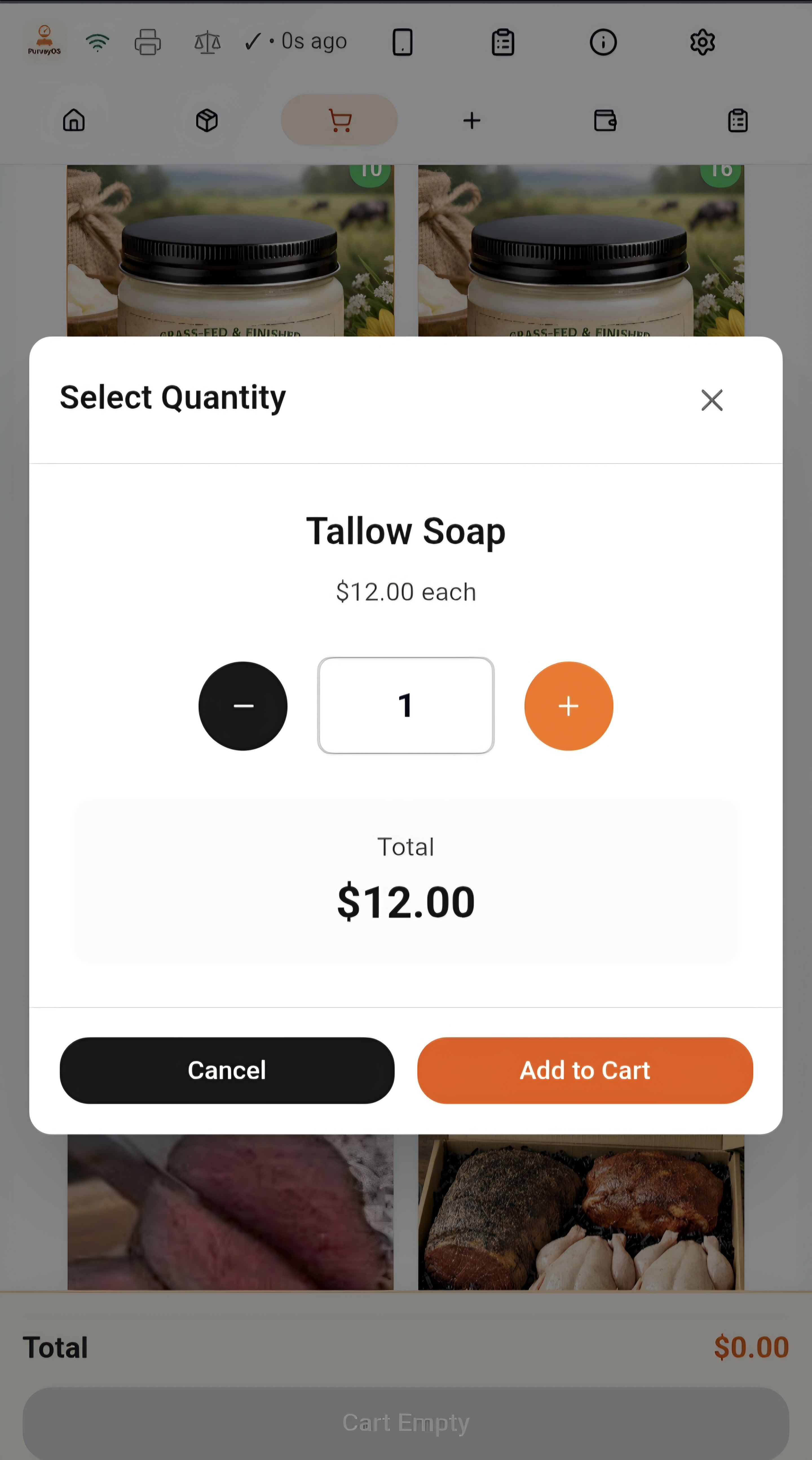 PurveyOS fixed-price sale screen showing traditional quantity inventory items.