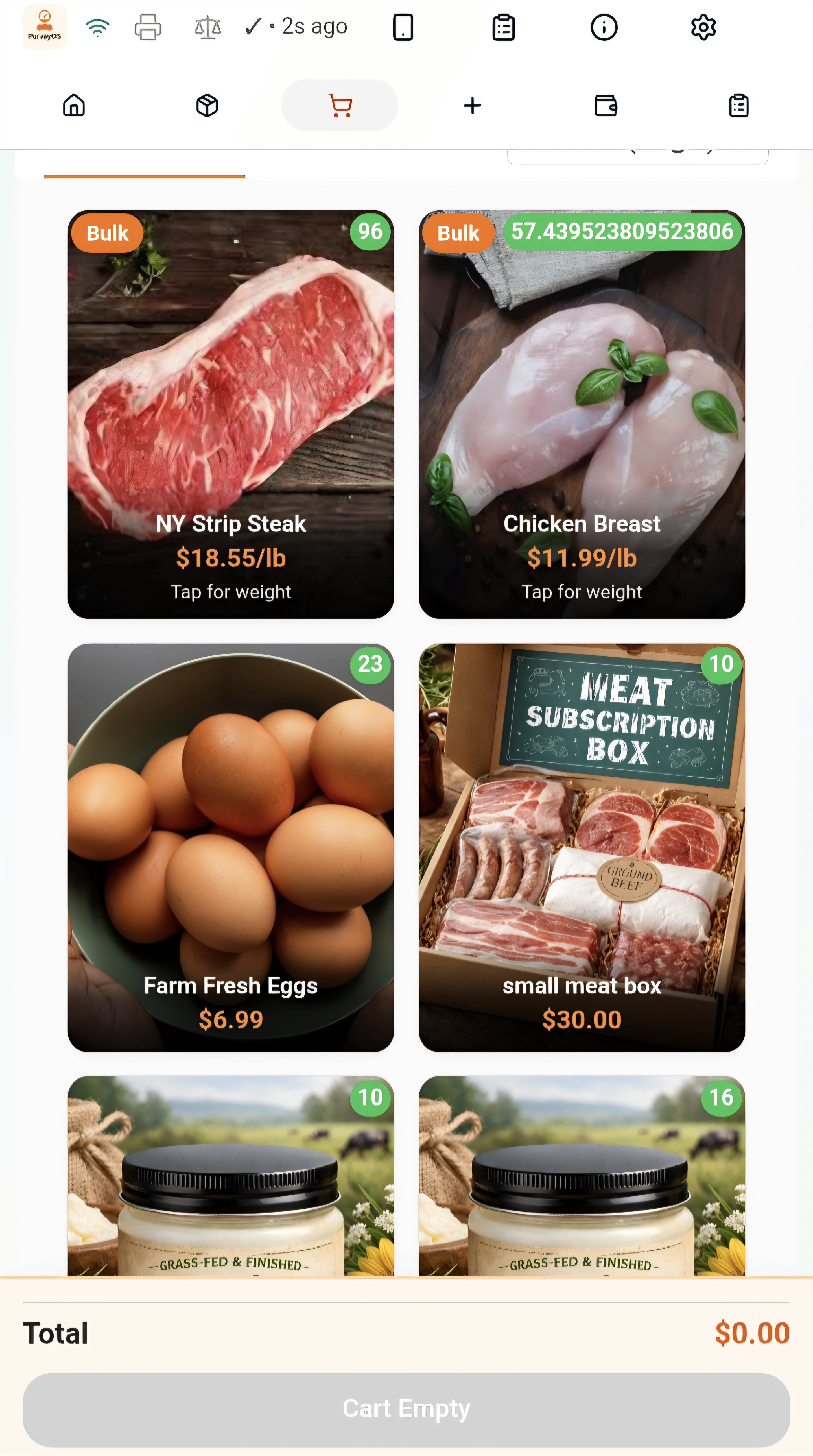 PurveyOS make sale screen showing bulk weight products and per-pound pricing