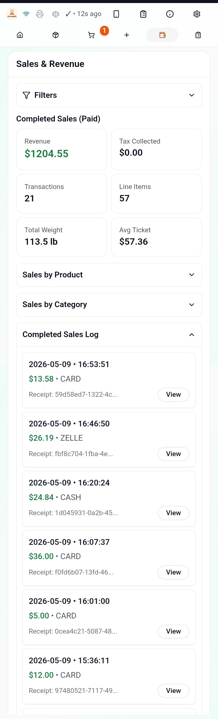 PurveyOS sales and revenue report showing revenue, transactions, weight sold, and sales log
