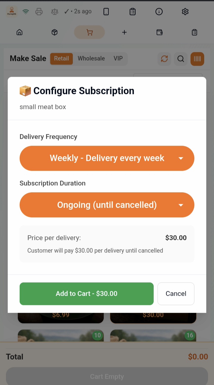 PurveyOS subscription selling workflow showing recurring meat box and producer bundle checkout at market.