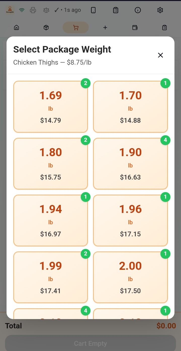 PurveyOS bulk inventory grid showing pounds on hand for weight-based inventory overview.