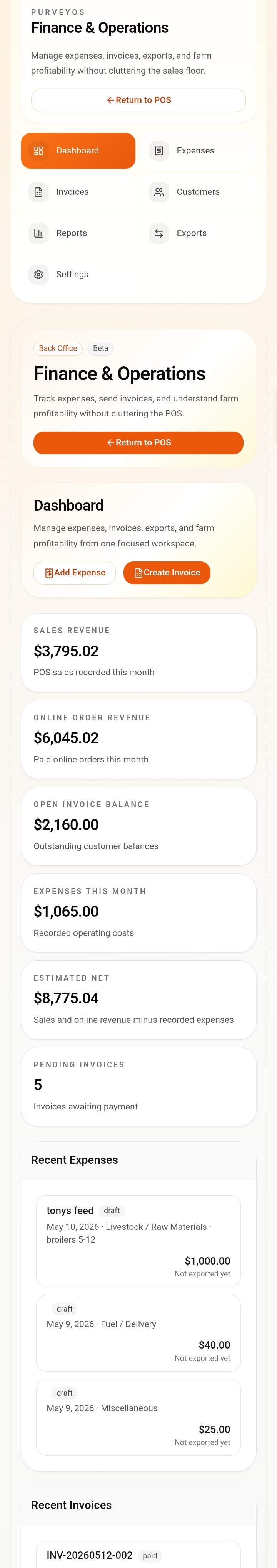 PurveyOS finance and operations dashboard showing expenses, invoices, and estimated net performance
