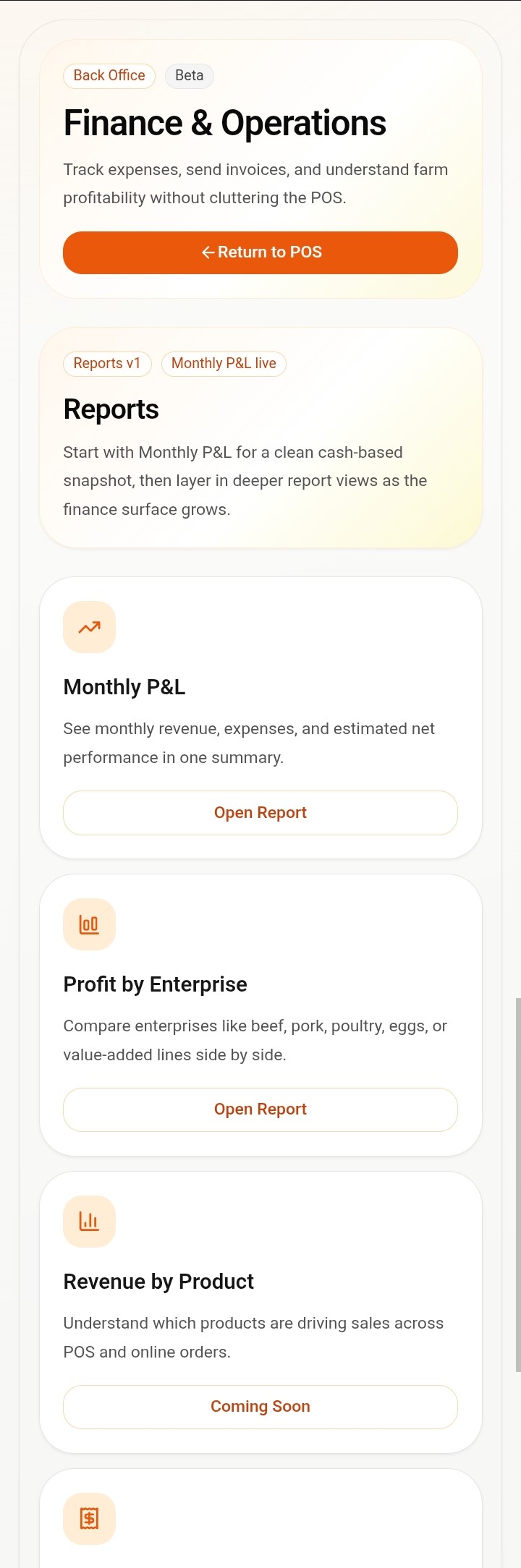 PurveyOS finance reports menu showing monthly P&L, profit by enterprise, and revenue by product