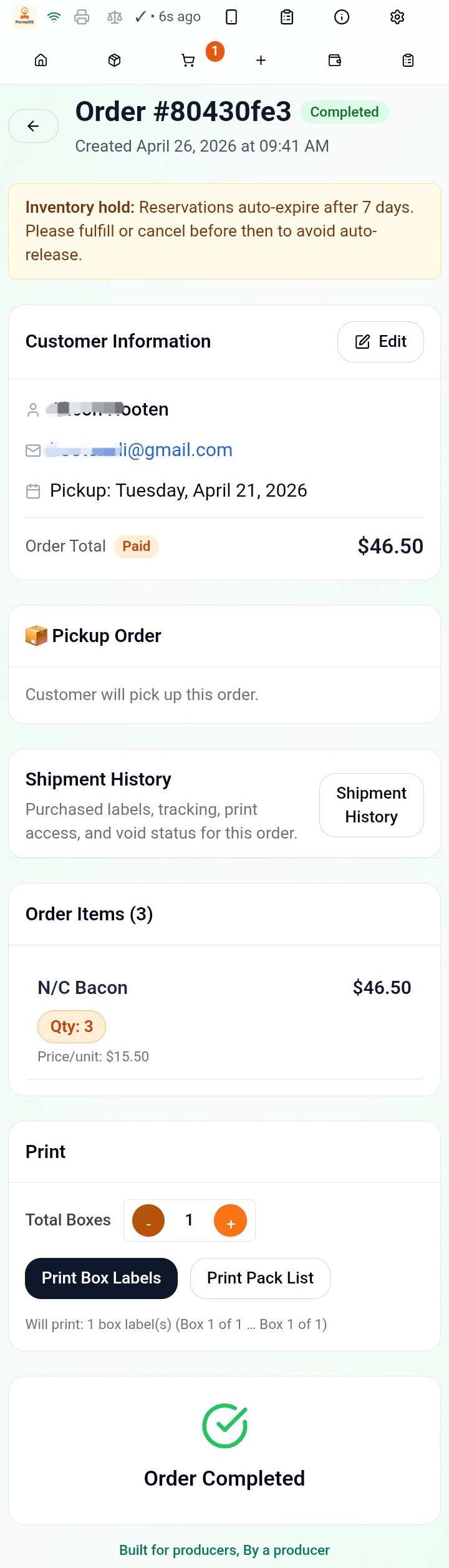PurveyOS order detail screen with pickup details, shipment history, box labels, and pack list controls